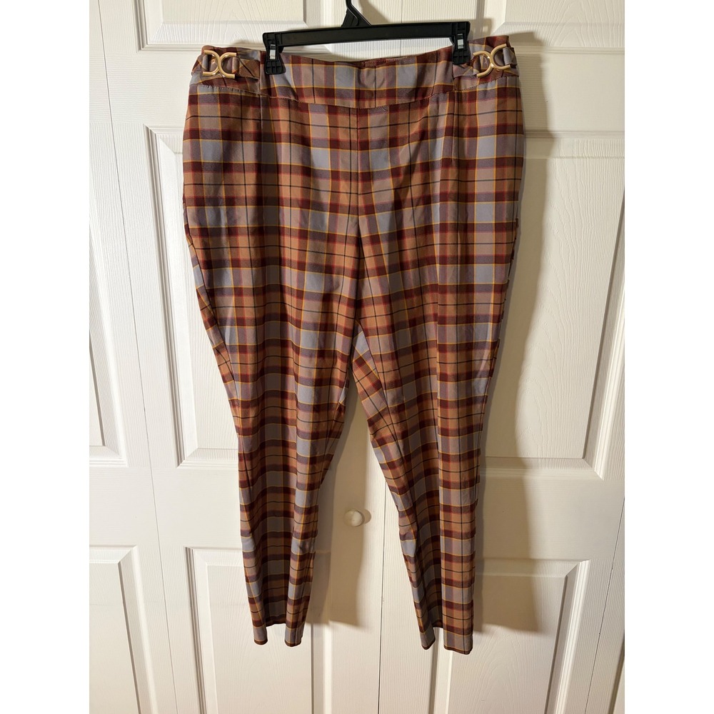 Cato Women Orange Burgundy Grey Plaid Tapered Dress Pants with Gold Hardware